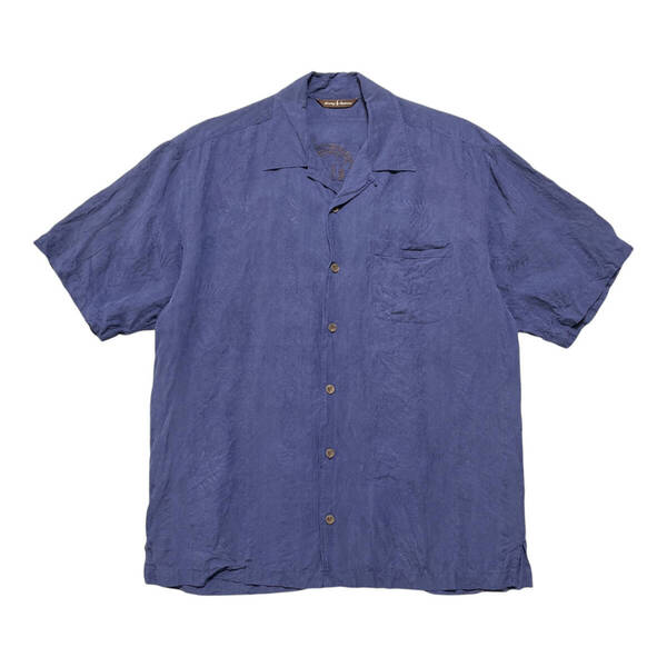 USA 古着 Tommy Bahama トミーバハマ アロハシャツ キャンプシャツ シルク/リネン 開襟 ジャガード ネイビー メンズM BF2851