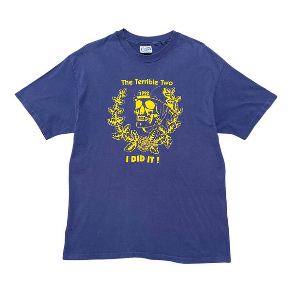 USA 古着 90S USA製 Hanes ヴィンテージ The Terrible Two スカル プリント クルーネック Tシャツ メンズL シングルステッチ 紺色 BA3737