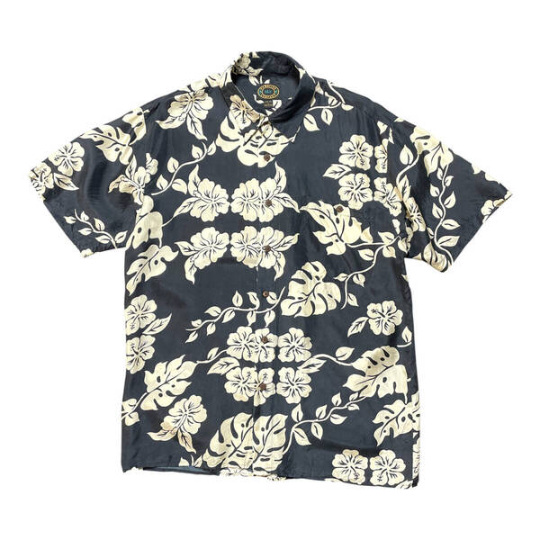 USA 古着 HAWAIIAN COMPANY ヴィンテージ シルク 総柄 アロハシャツ ハワイアンシャツ リーフ柄 メンズL ブラック BF2924