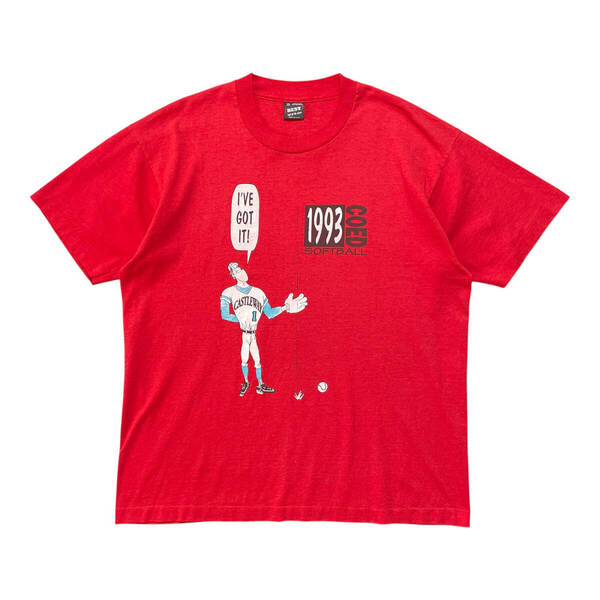 古着 USA製 90S ソフトボール Tシャツ ヴィンテージ プリント レッド メンズXL ユーモア シングルステッチ BA3769