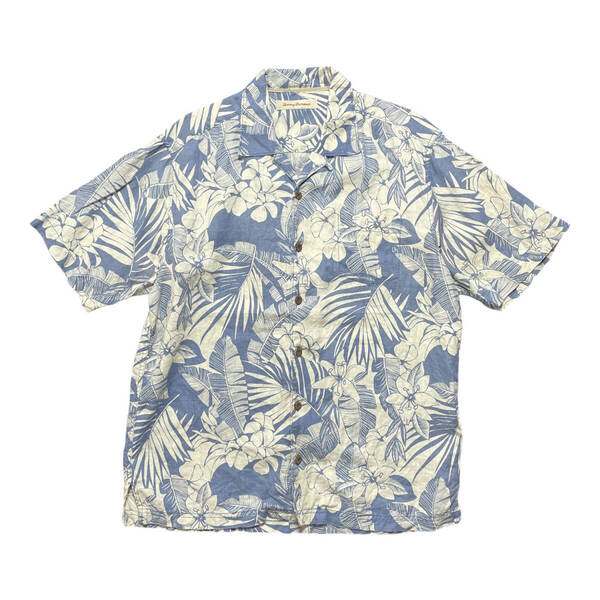 USA 古着 Tommy Bahama トミーバハマ リネン アロハシャツ キャンプシャツ 開襟 パームツリー メンズM ブルー BF2874