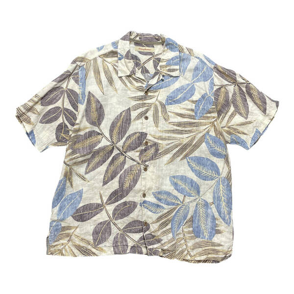 USA 古着 Tommy Bahama トミーバハマ リネン アロハシャツ キャンプシャツ 開襟 リーフ パームツリー メンズM ブルー BF2874