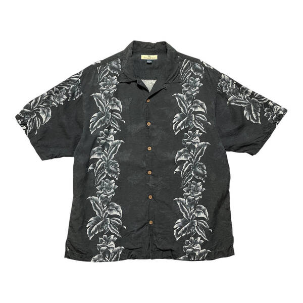 USA 古着 Tommy Bahama トミーバハマ シルク アロハシャツ キャンプシャツ 開襟 ハイビスカス柄 メンズL ブラック BF2880