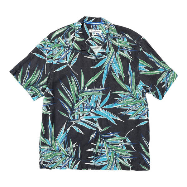 USA 古着 Tommy Bahama トミーバハマ シルク アロハシャツ キャンプシャツ 開襟 リーフ柄 メンズL ブラック BF2881