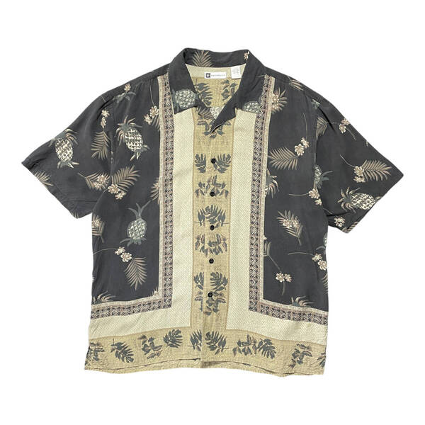 USA 古着 BACHRACH バクラック シルク アロハシャツ ハワイアンシャツ 開襟 トラディショナル柄 メンズXL ブラック BF2888