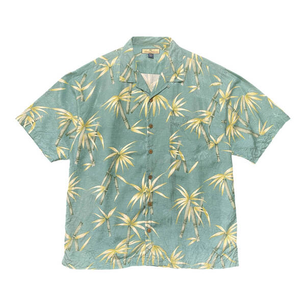 USA 古着 Tommy Bahama トミーバハマ シルク アロハシャツ キャンプシャツ 開襟 竹柄 バンブー メンズL ライトグリーン BF2892