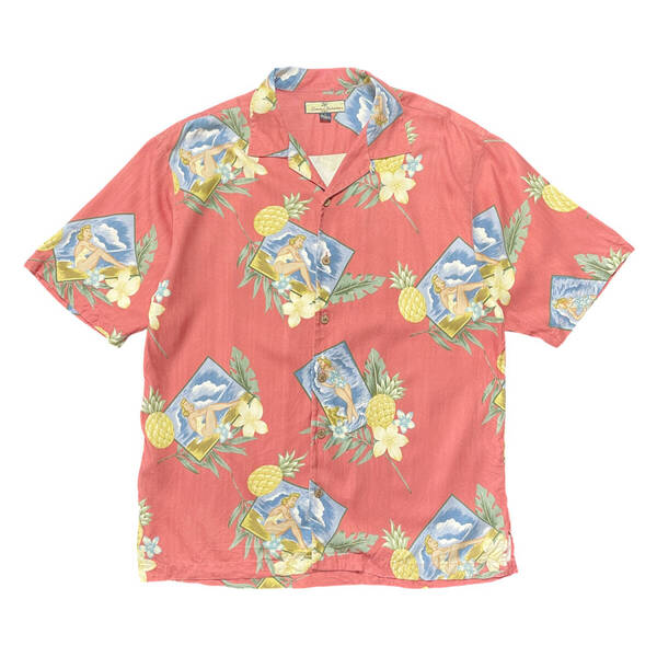 USA 古着 Tommy Bahama トミーバハマ シルク アロハシャツ キャンプシャツ 開襟 パイナップル 絵はがき メンズM ピンク BF2893