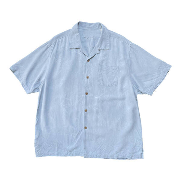 USA 古着 Tommy Bahama トミーバハマ シルク アロハシャツ キャンプシャツ 開襟 ジャガード リーフ柄 メンズXL ブルー BF2894