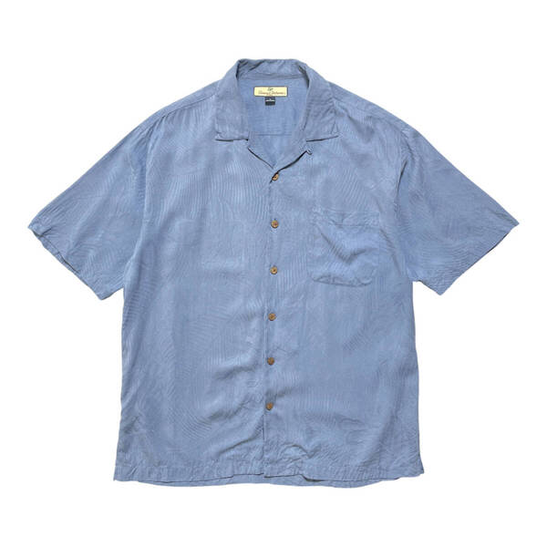 USA 古着 Tommy Bahamaトミーバハマ シルク アロハシャツ キャンプシャツ 開襟 ジャガード リーフ柄 メンズM ブルー BF2911