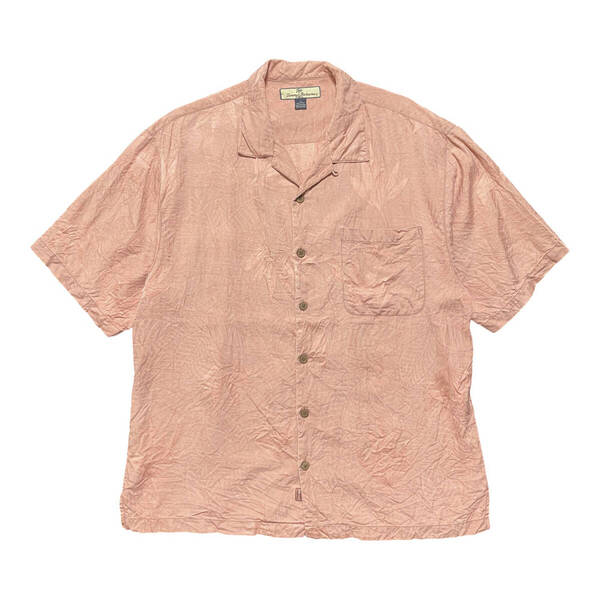 USA 古着 Tommy Bahama トミーバハマ シルク アロハシャツ キャンプシャツ 開襟 ジャガード パームツリー メンズL ピンク BF2969
