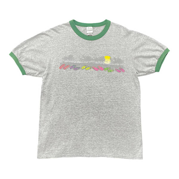 古着 USA製 90S M.J. SOFFE リンガー Tシャツ ヴィンテージ ビーチサンダル プリント グレー グリーン メンズL BA3772