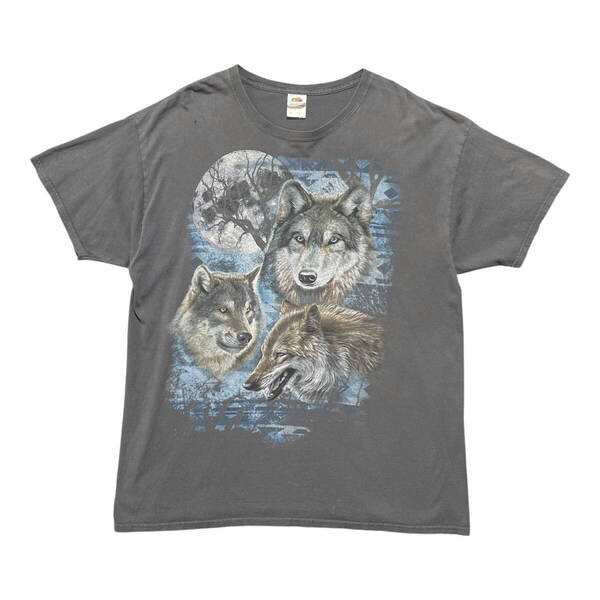 USA 古着 アニマルプリント オオカミ Tシャツ グレー クルーネック メンズXL 狼 ウルフ BA3773