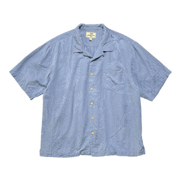USA 古着 Jamaica Jaxx ジャマイカジャックス シルク アロハシャツ ハワイアンシャツ 開襟 リーフ柄 メンズL ブルー BF2987