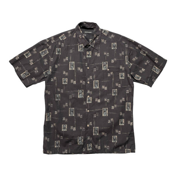 USA 古着 pierre cardin ピエールカルダン コットン コットン アロハシャツ ハワイアンシャツ パームツリー 総柄 焦げ茶色 メンズM BF2941