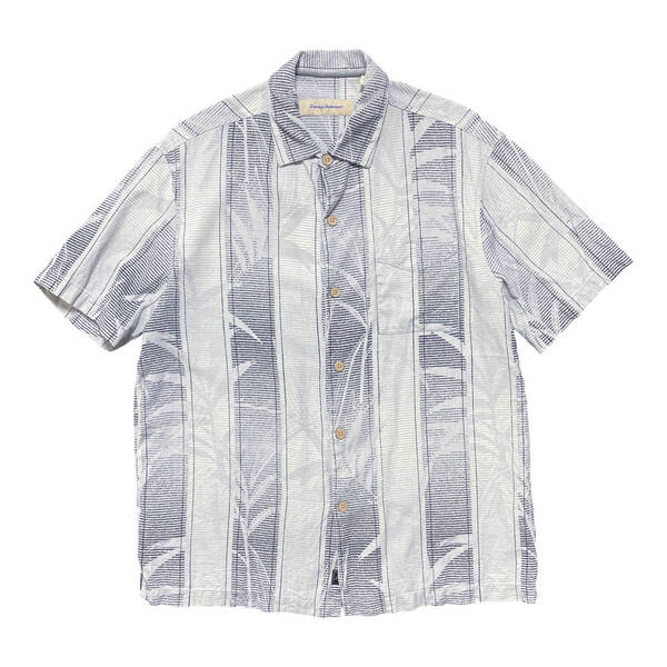 USA 古着 Tommy Bahama トミーバハマ シルク アロハシャツ キャンプシャツ ボーダー柄 メンズM ホワイト グレー BF2991