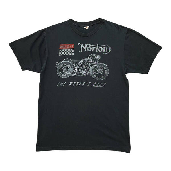 USA 古着 Norton Motorcycles ノートンモーターサイクル バイク Tシャツ プリント ブラック クルーネック メンズL BA3778