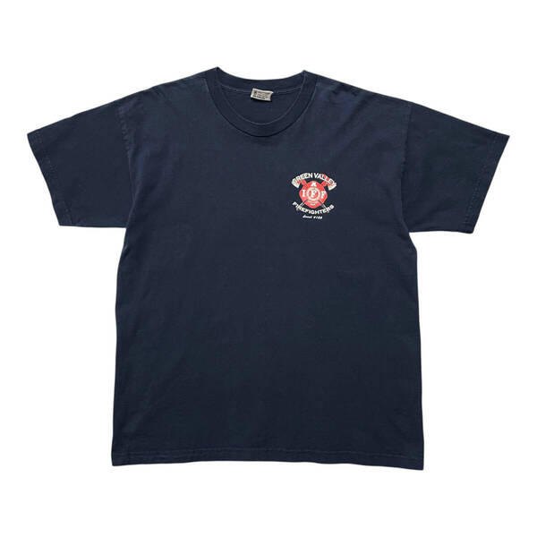 古着 USA製 90S BAY SIDE ファイヤーファイター 消防士 Tシャツ ヘビーウェイト バックプリント ネイビー メンズXL BA3780
