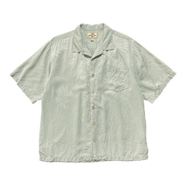 USA 古着 JAMAICA JAXX ジャマイカジャックス シルク ジャガード 開襟 アロハシャツ ハワイアンシャツ リーフ柄 メンズM 薄オリーブ BF2958