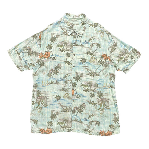 USA 古着 Batik Bay バティックベイ レーヨン アロハシャツ ハワイアンシャツ ハイビスカス パームツリー グリーン系 メンズXL相当 BF3002
