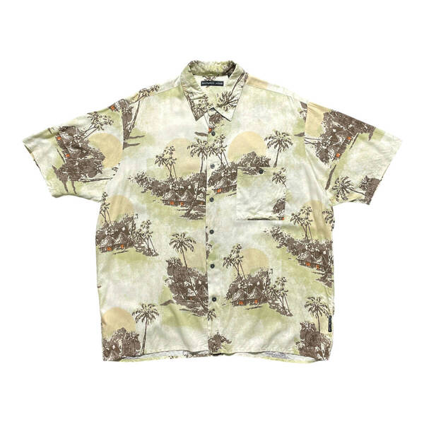 USA 古着 NATURAL ISSUE ナチュラルイシュー レーヨン アロハシャツ ハワイアンシャツ パームツリー柄 メンズXL 薄グリーン系 BF3013