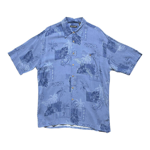 USA 古着 pierre cardin ピエールカルダン レーヨン アロハシャツ ハワイアンシャツ リーフ パームツリー柄 メンズL ネイビー系 BF3016