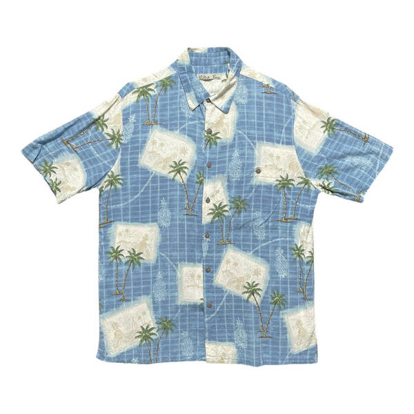 USA 古着 Batik Bay バティックベイ レーヨン アロハシャツ ハワイアンシャツ パイナップル メンズL パームツリー柄 ブルー系 BF3018