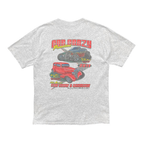 USA 古着 クラシックカー モーターショー Tシャツ プリント グレー メンズL ヘンリーネック BA3845