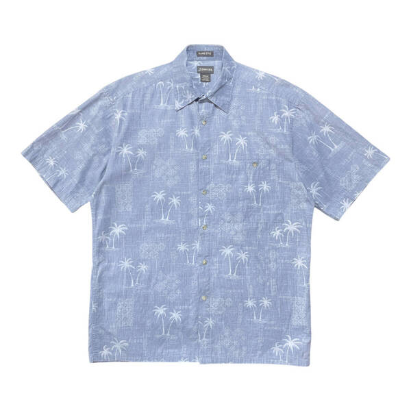 USA 古着 ST.JHON'S BAY セントジョンズベイ コットン アロハシャツ ハワイアンシャツ パームツリー 薄ブルー系 総柄 メンズM BF3029