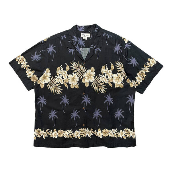 USA 古着 HI Wear ヴィンテージ コットン 開襟 アロハシャツ ハイビスカス パームツリー柄 メンズ3XL ブラック 大きいサイズ BF3036