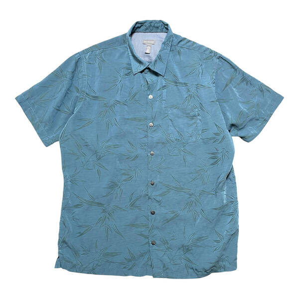 USA 古着 VAN HEUSEN バンヒューゼン ポリエステル アロハシャツ ハワイアンシャツ パームツリー リーフ柄 メンズL ネイビー BF3074