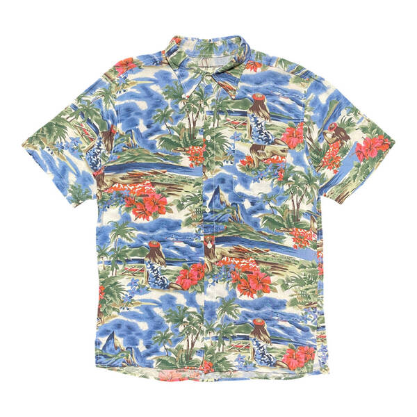 USA 古着 Hawaiian Tradition ハワイアントラディション レーヨン アロハシャツ 総柄 ハイビスカス パームツリー柄 メンズL ブルー BF3041