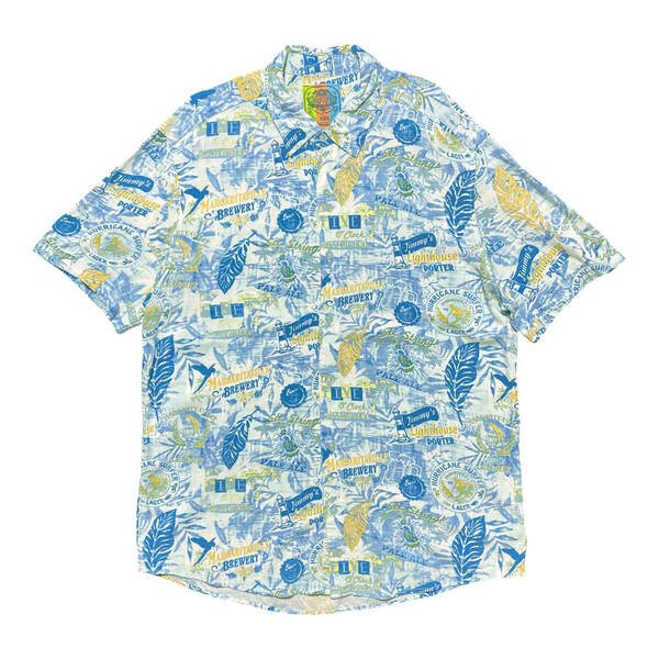 USA 古着 MARGARITAVILLE マルガリータビル レーヨン アロハシャツ ハワイアンシャツ リーフ ビール ロゴ 総柄 メンズXL相当 ブルー BF3054