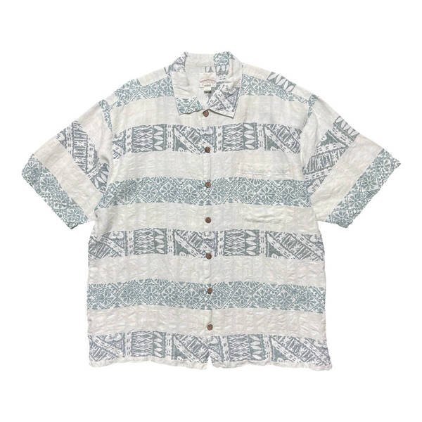 USA 古着 Tommy Bahama トミーバハマ リネン/シルク アロハシャツ キャンプシャツ ボーダー調 メンズL 薄グリーン系 BF3059