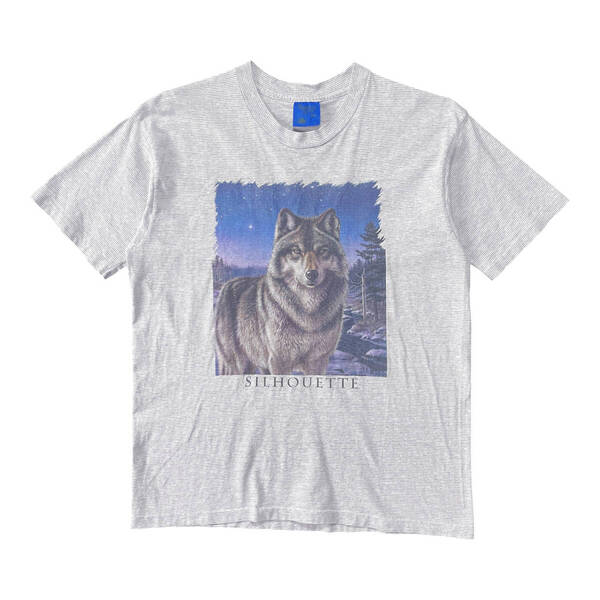 古着 90S USA製 ヴィンテージ オオカミ 狼 アニマル プリント ボーダー柄 クルーネック Tシャツ メンズL シングルステッチ BA3939