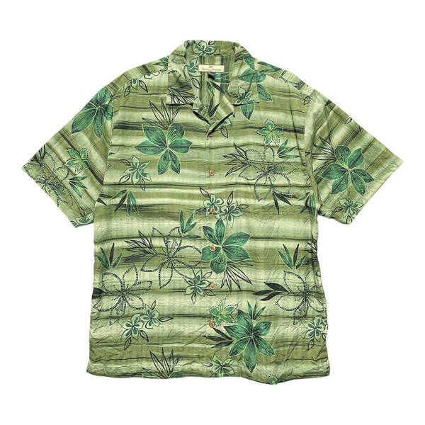 USA 古着 Tommy Bahama トミーバハマ シルク 開襟 キャンプシャツ アロハシャツ ハワイアンシャツ ハイビスカス グリーン系 メンズM BF3102