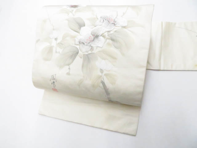 作家物 落款：宗】 正絹手加工染九寸名古屋帯 三越縮緬地 ≪御