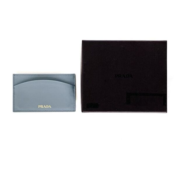 PRADA プラダ ロゴ 2ポケット レザー カードケース パスケース 定期入れ ライトブルー 水色 レディース 箱付き イタリア製