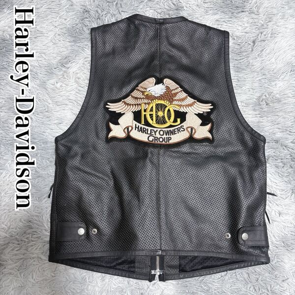 状態良 Harley-Davidson ハーレーダビッドソン オーナーズグループ パンチングレザー ベスト ジャケット ライダース ワッペン 牛革 本革