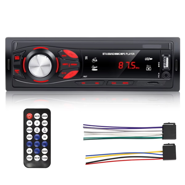 1DINカーオーディオ カーコンポB Bluetooth MP3 ハンズフリー FMラジオ USBポート搭載 リモコン付属 USB microSD再生 RCA 12V レッドイルミ
