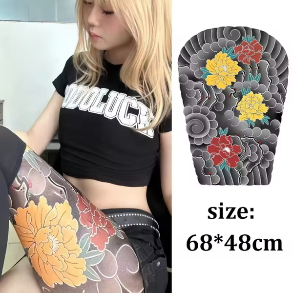 ZQ02 Tatooシール タトゥーシール 和柄 和彫り入れ墨シール 足用入れ墨シール牡丹柄 簡単で長持ち イベントや動画撮影にリアルな刺青シール