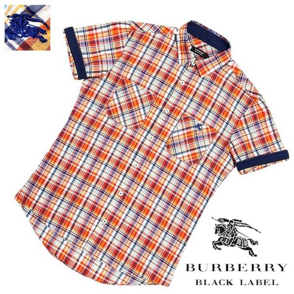 美品 バーバリーブラックレーベル ホース刺繍 ノバチェック 2WAY ロールアップ COOLMAX シアサッカー 半袖シャツ 3/L BURBERRY BLACK LABEL