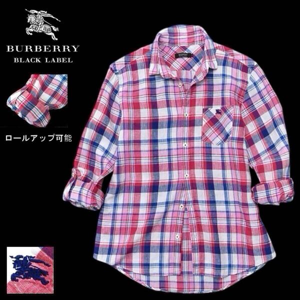 極美品 バーバリーブラックレーベル BIGホース刺繍 ノバチェック 麻リネン100% ロールアップ 7分袖~長袖 シャツ 2/M BURBERRY BLACK LABEL