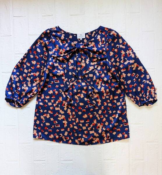 【美品】☆LANVIN en Bleu ランバンオンブルー 7分袖トップス ブラウス サイズ38 M リボンデザイン レディース 上品 エレガント 高級感