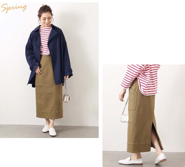 春夏物★美品★Spick & Span コットンストレッチIラインスカート 定価13,200円 カーキブラウン 秋 冬 ロングスカート スピック&スパン