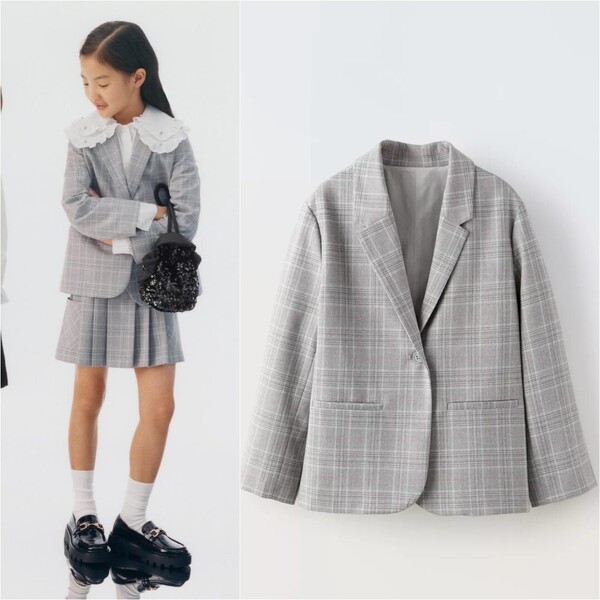 2024SS★新品タグ付★ZARA KIDS チェック柄ブレザー 164㎝ 定価7,590円 グレー ザラ 子ども 女の子 150 160 春 卒業式 入学式 ジャケット