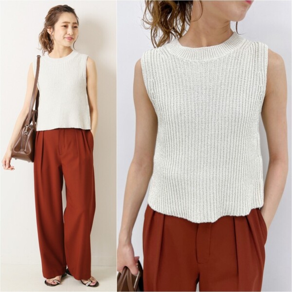夏物★美品★Spick & Span ミックスヤーンクロップドニット 定価9,900円 ベージュ スピック&スパン ノースリーブ カジュアル オフィス 通勤