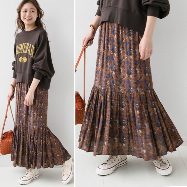 美品★JOURNAL STANDARD relume レーヨンフラワープリントギャザースカート 定価10,450円 ブラウン 花柄 晩夏 秋 冬 ジャーナル