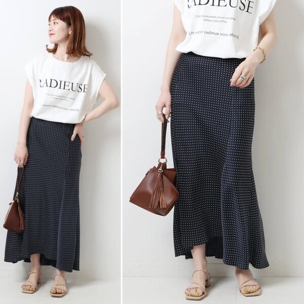 春夏物★美品★Spick & Span ドットフレアースカート 定価20,900円 ネイビー 紺 スピック&スパン オフィス 通勤 カジュアル 水玉 ロング