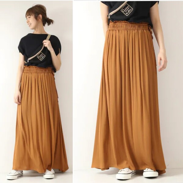 春夏物★美品★Spick & Span サテンウエストシャーリングスカート 定価15,400円 キャメル スピック&スパン カジュアル ロングスカート