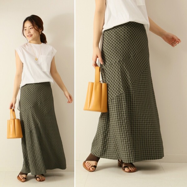 春夏物★美品★Spick&Span ギンガムチェックハギフレアスカート 定価16,500円 カーキ スピック&スパン ロングスカート カジュアル